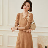 V-Neck Cashmere Knitted Dress Pullover Waist Jumpers Ribbed Skirt